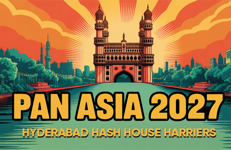 PAN ASIA 2027 Hyderabad Hash House Harriers - Vibrant sunset scene with Charminar and Hyderabad landmarks