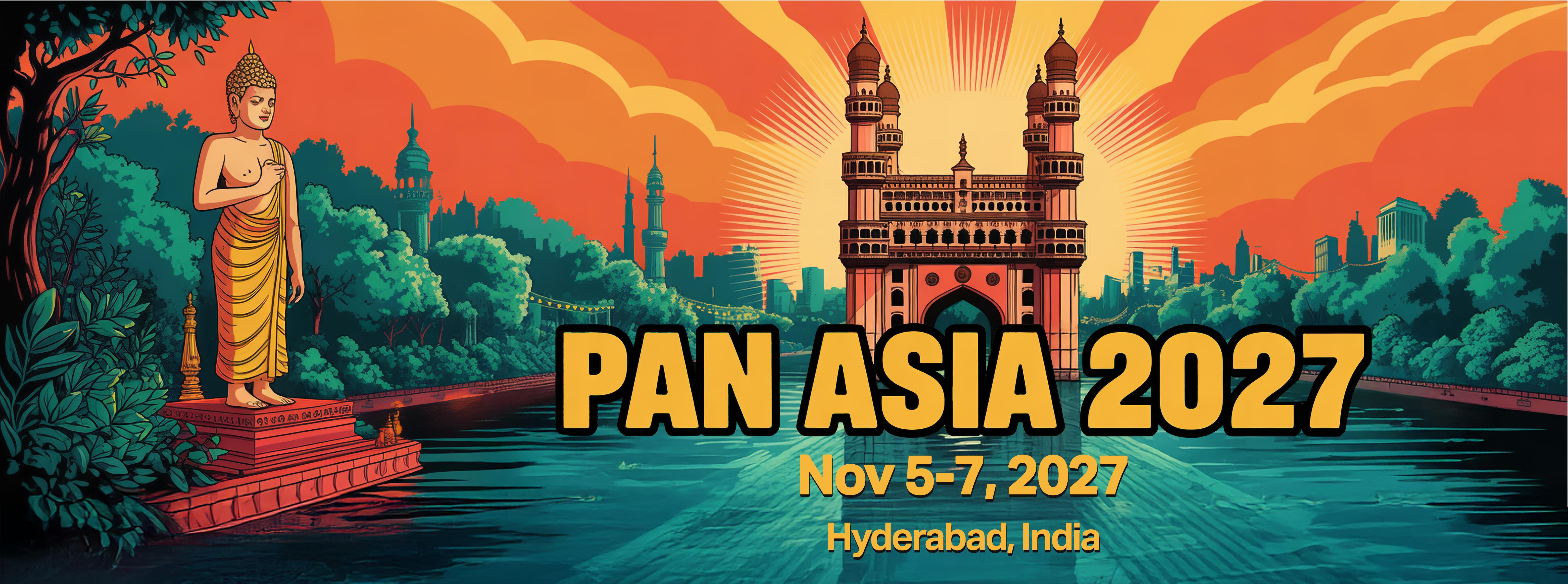 PAN ASIA 2027 Hyderabad Hash House Harriers - Vibrant sunset scene with Buddha statue, Charminar and Hyderabad landmarks