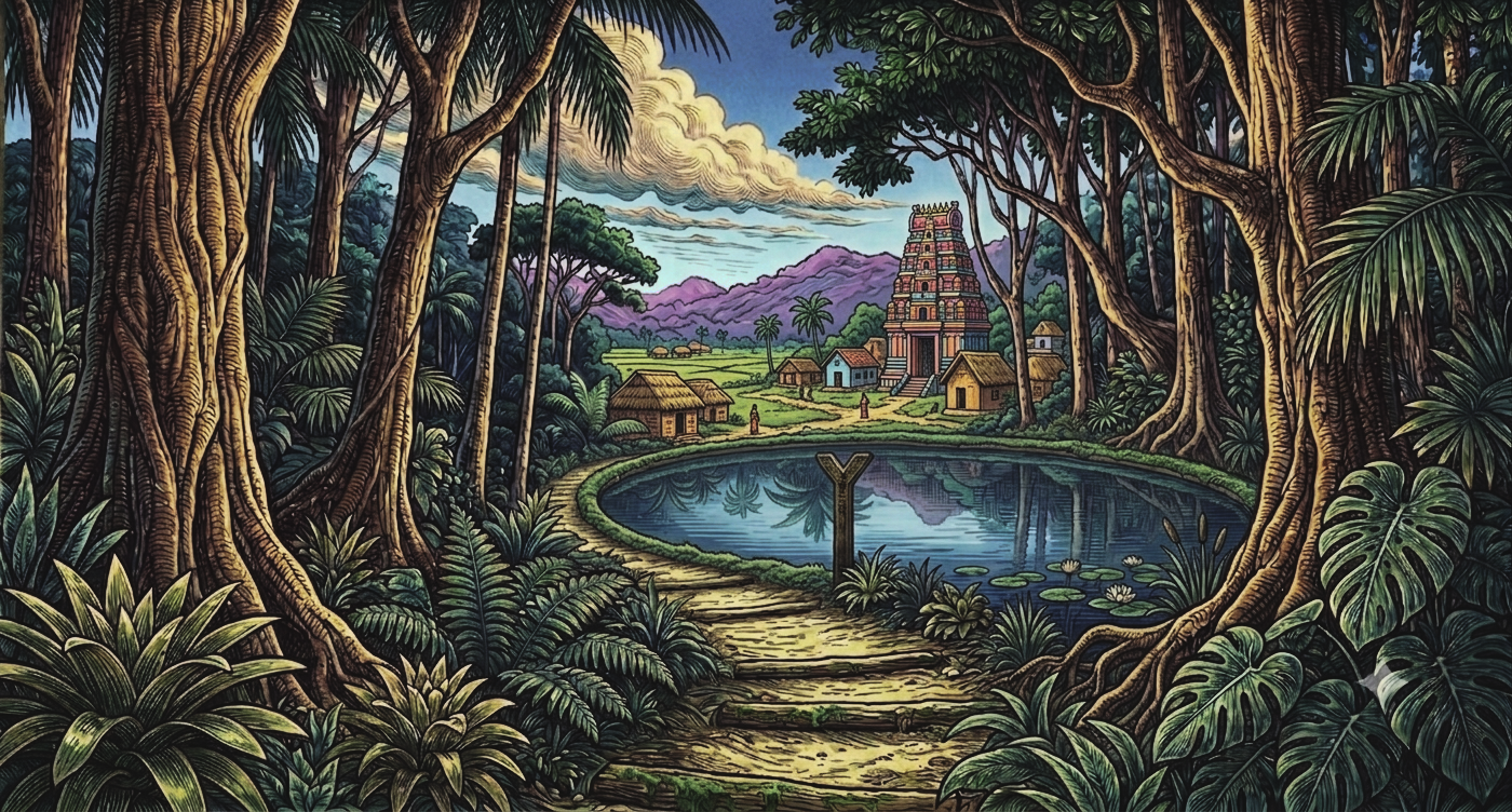 Forest trail with pond and temple